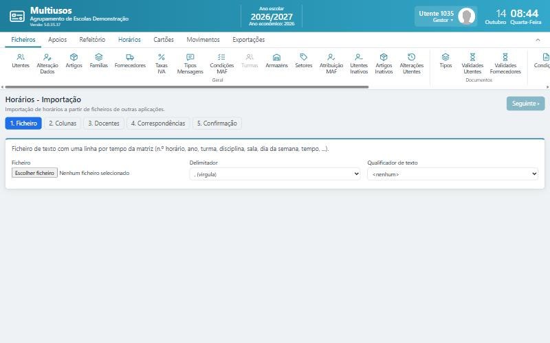 Importação de horários, passo Ficheiro