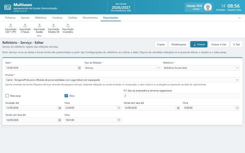 Ficha do serviço do refeitório