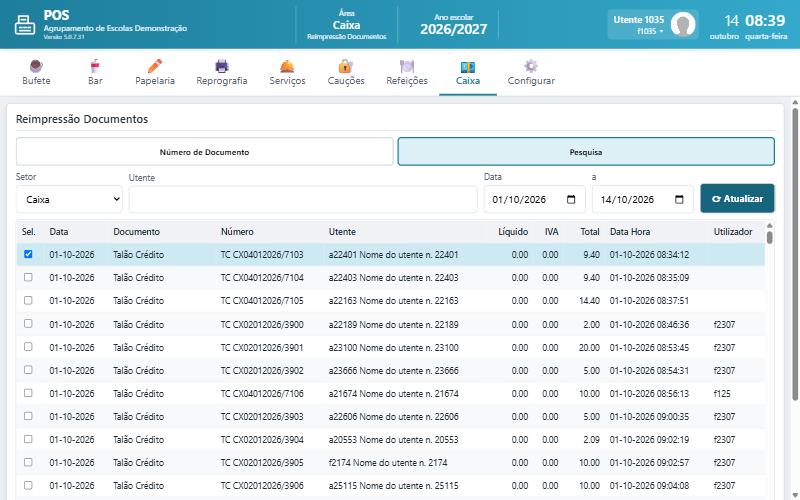 Reimpressão de documentos com um documento selecionado